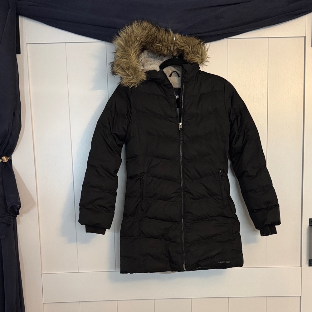 Lands' End Black Puffer Coat with Faux Fur Hood
